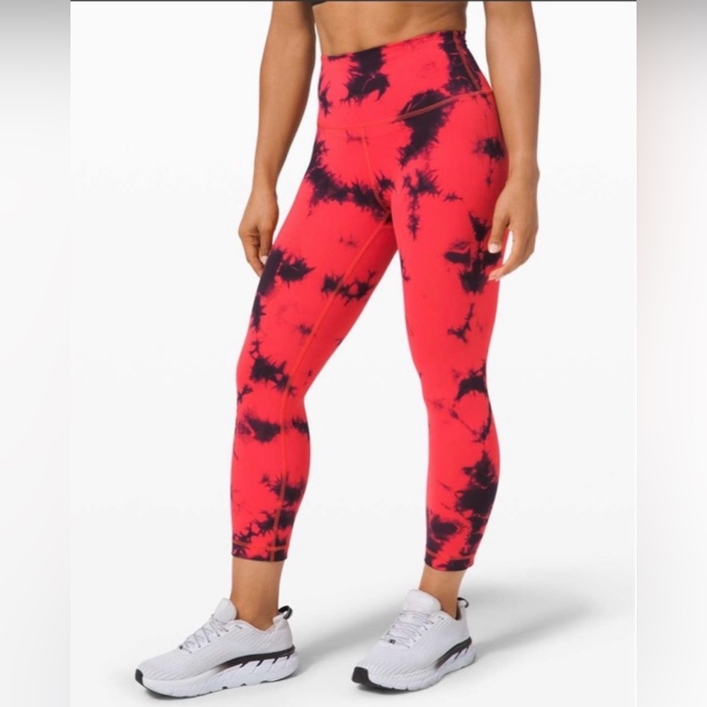 Lululemon Wunder Train High Rise Crop 21” Tie Dye Carnation Red Black Size 10
